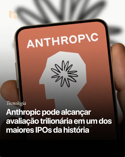 News card gerado no Creatools: matéria de Tecnologia com a manchete “Anthropic pode alcançar avaliação trilionária em um dos maiores IPOs da história”.
